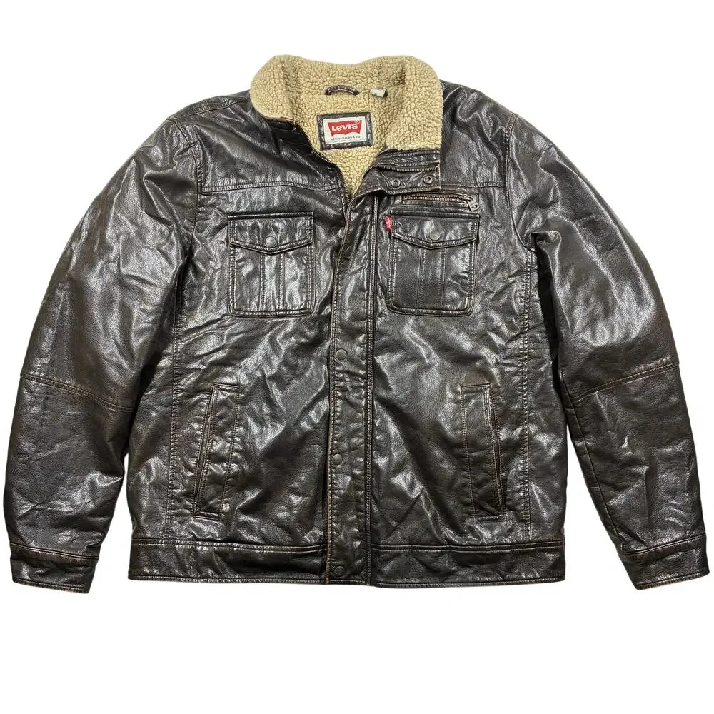 Levi's Aviator Jacket Mens XL Brown Faux Leather Fleece Lined Insulated Bomber